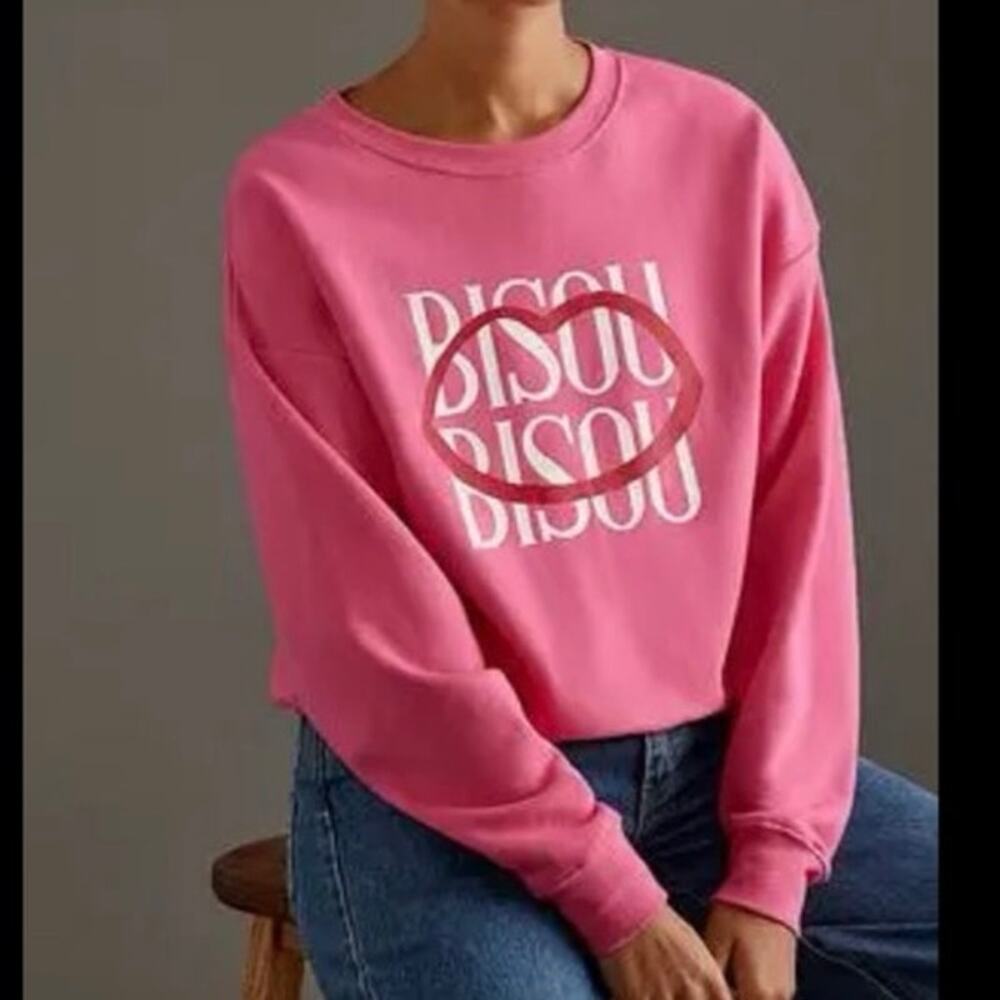 Maeve x Jordan Nickson Bisou Bisou Pink Graphic Sweatshirt XXS Oversized Anthro